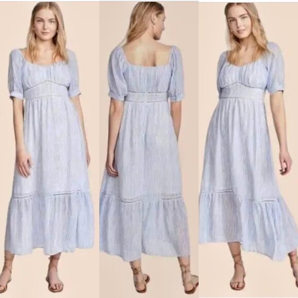 Moon River White & Blue Stripe Puff Sleeve Cottagecore Homemaker Midi Dress Sz M - Picture 6 of 16